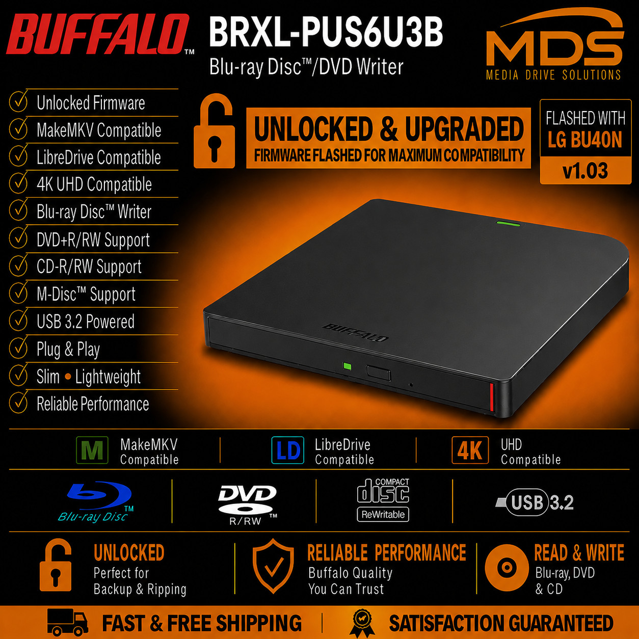 Buffalo BRXL-PUS6U3B, 4K UHD, firmware Flashed, Unlocked, LibreDrive, MakeMKV