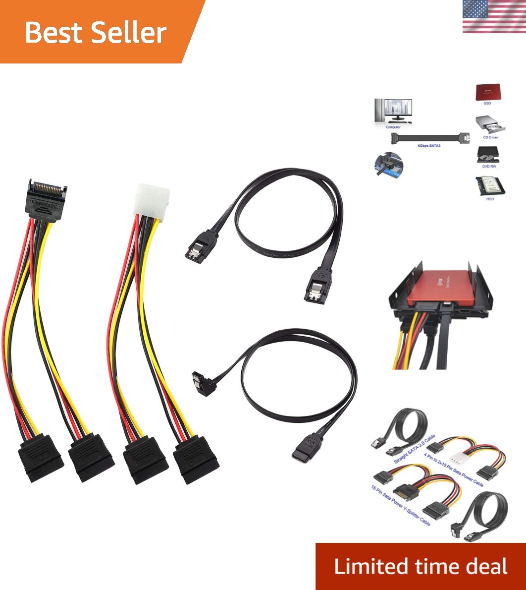 Versatile 4-Pack SATA III Data Splitters with 90° & Straight Cords for PC