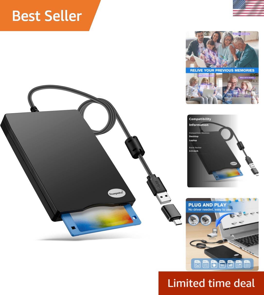 Ultra-Slim 3.5-Inch Floppy Disk Drive with USB Type A/C - Modern Retro Solution