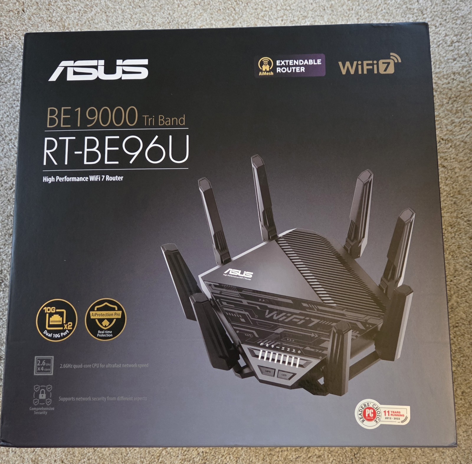 ASUS RT-BE96U BE19000 802.11BE Tri-Band Performance WiFi 7 Extendable Router wit