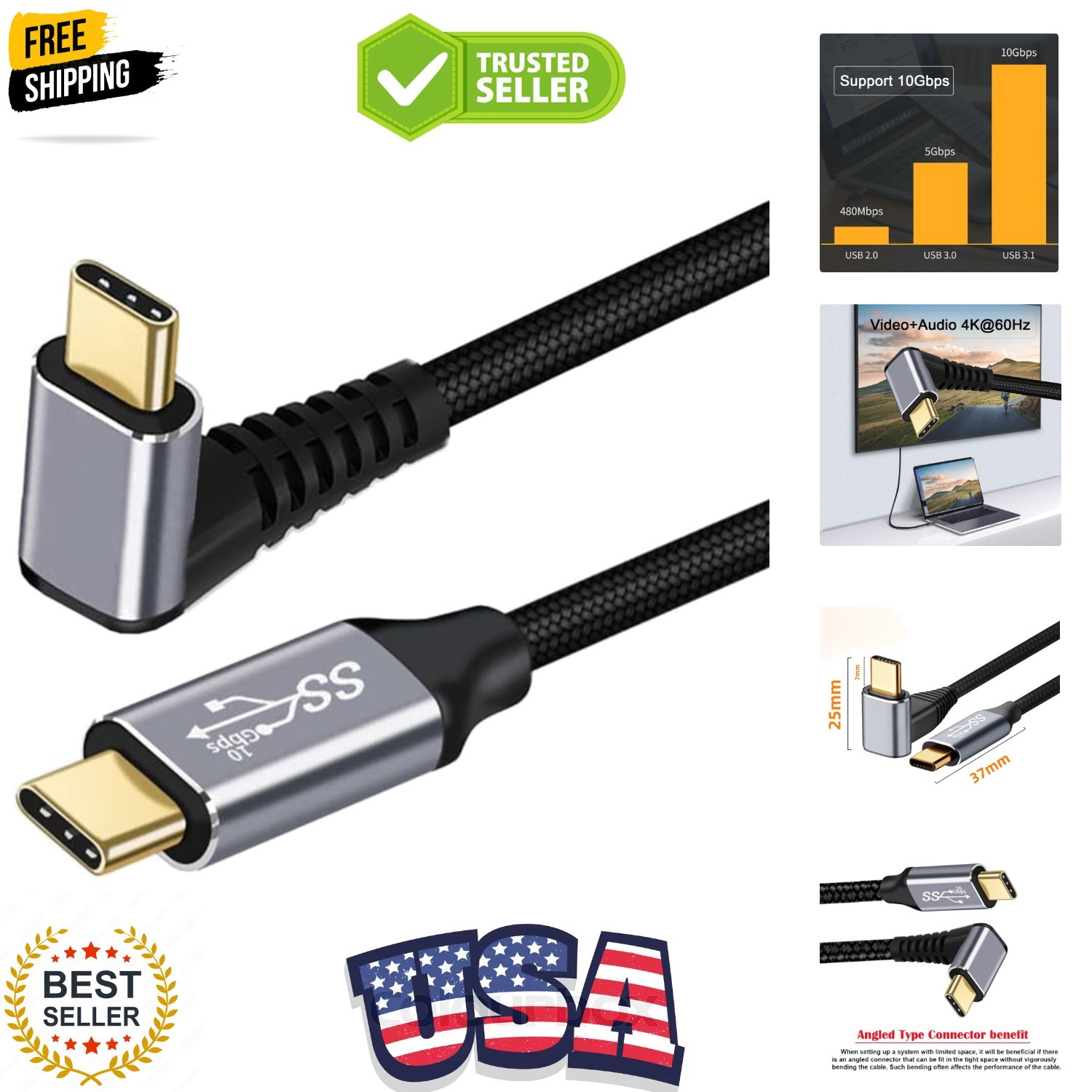90 Degree Up Down Angled Type-C USB-C Male to Male .1 10Gbps 100W Data Cable ...
