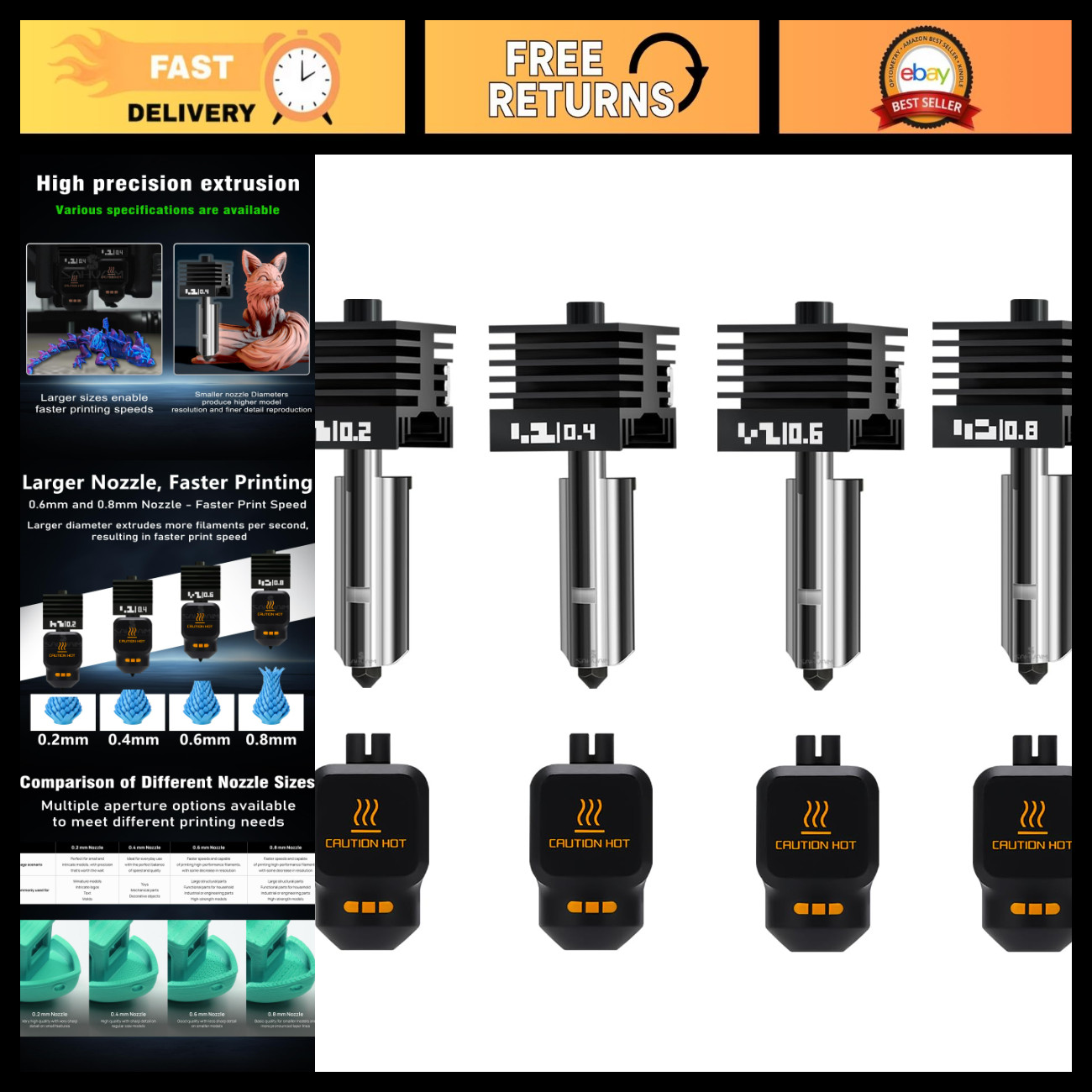 4Pack 0.2/0.4/0.6/0.8MM Hotend Nozzle Set for 3D Printers, High Temp Quick Swap
