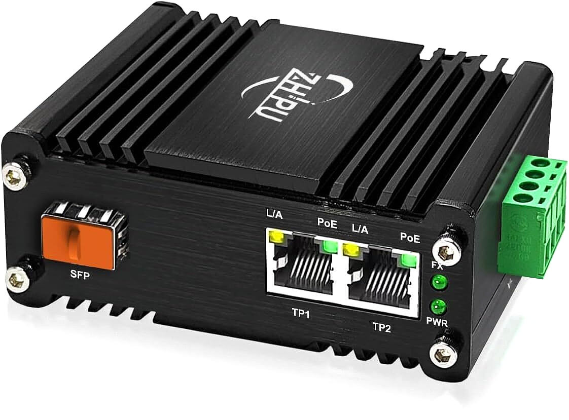 Mini Industrial SFP to 2-Port Gigabit Ethernet Media Converter with 30W PoE+ 12V