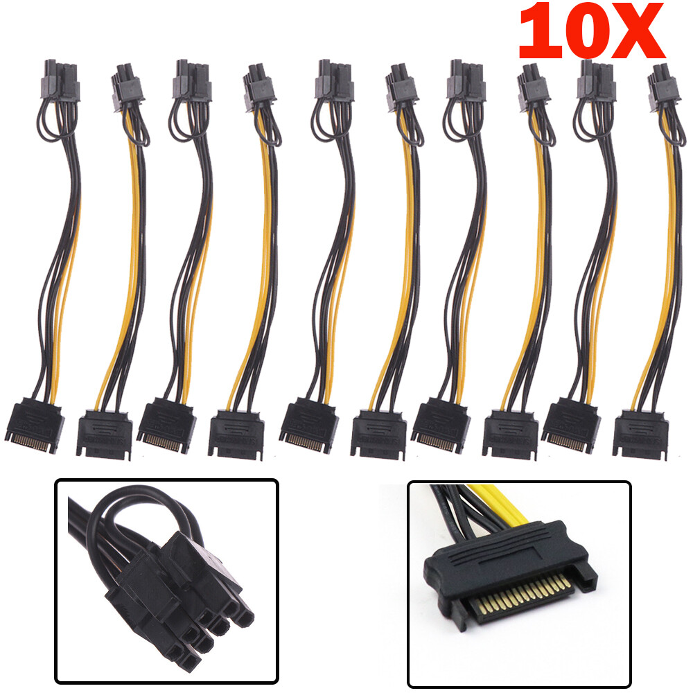 10 x 15-pin SATA Male to 8-pin (6+2) PCI-E PCI Express Power Adapter Cable 8"