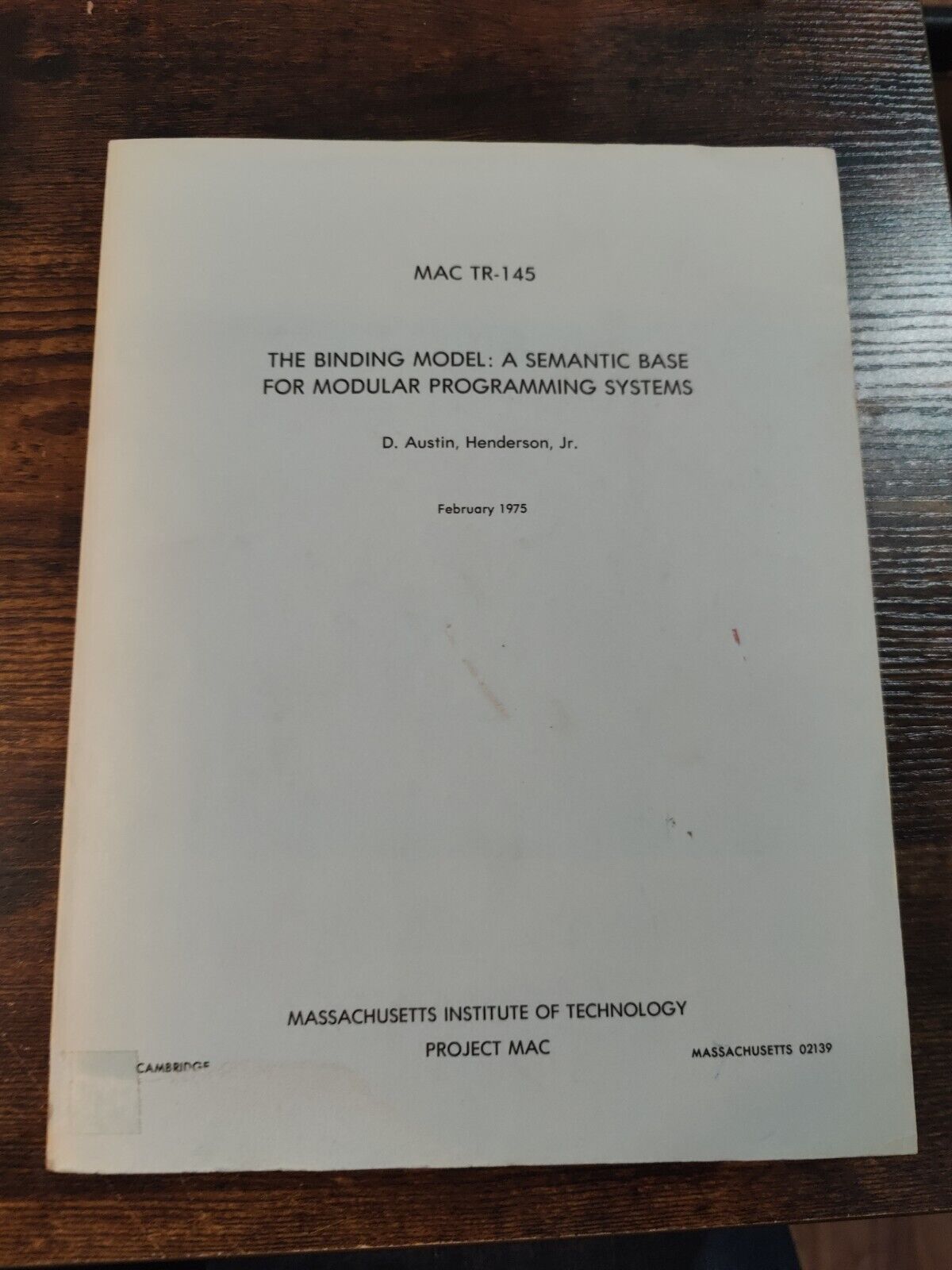 1975 Vintage MIT Project MAC Programming Book: The Binding Model MAC TR-145