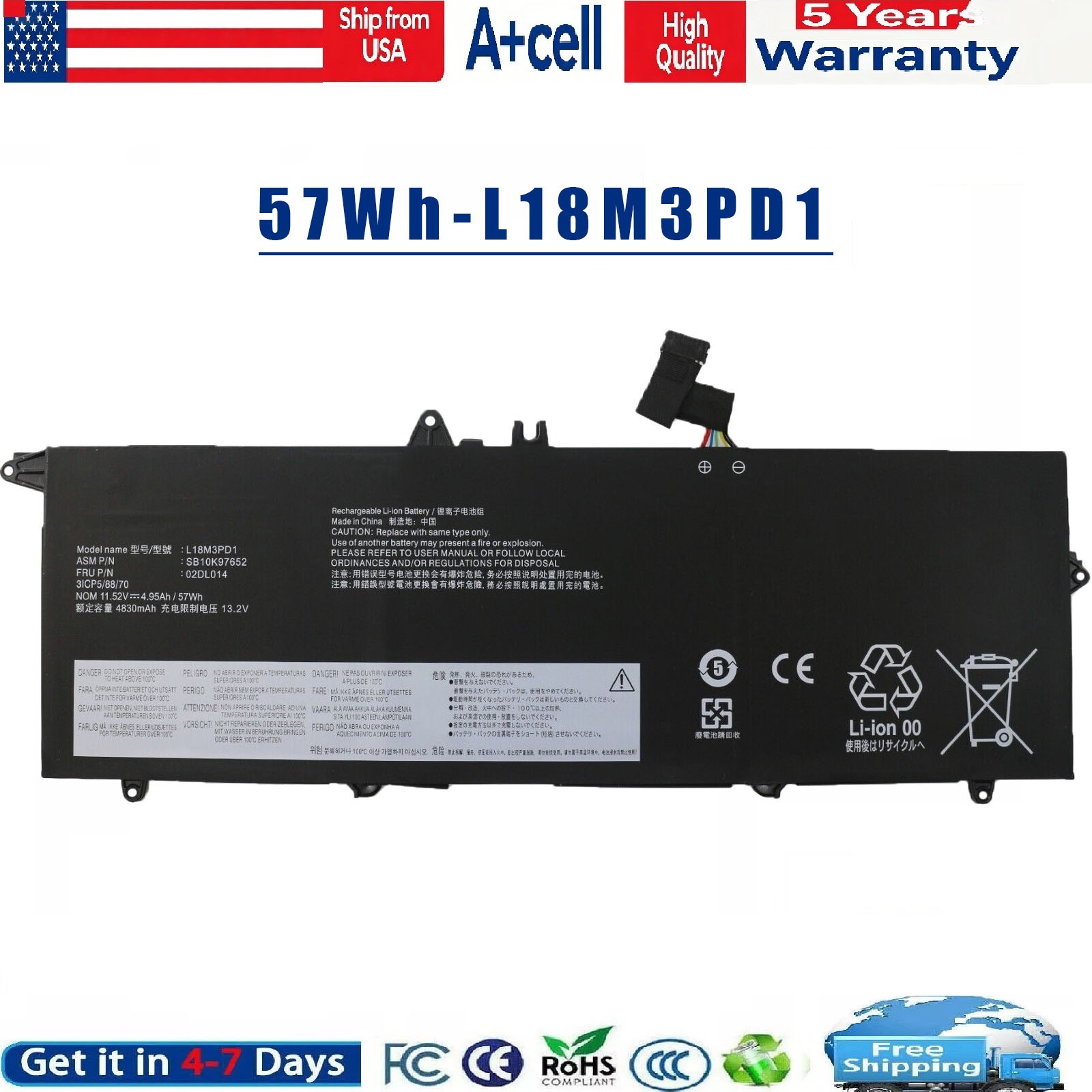 L18M3PD1 L18C3PD1 L18L3PD1 Laptop Battery For Lenovo ThinkPad T490s T495s 57Wh