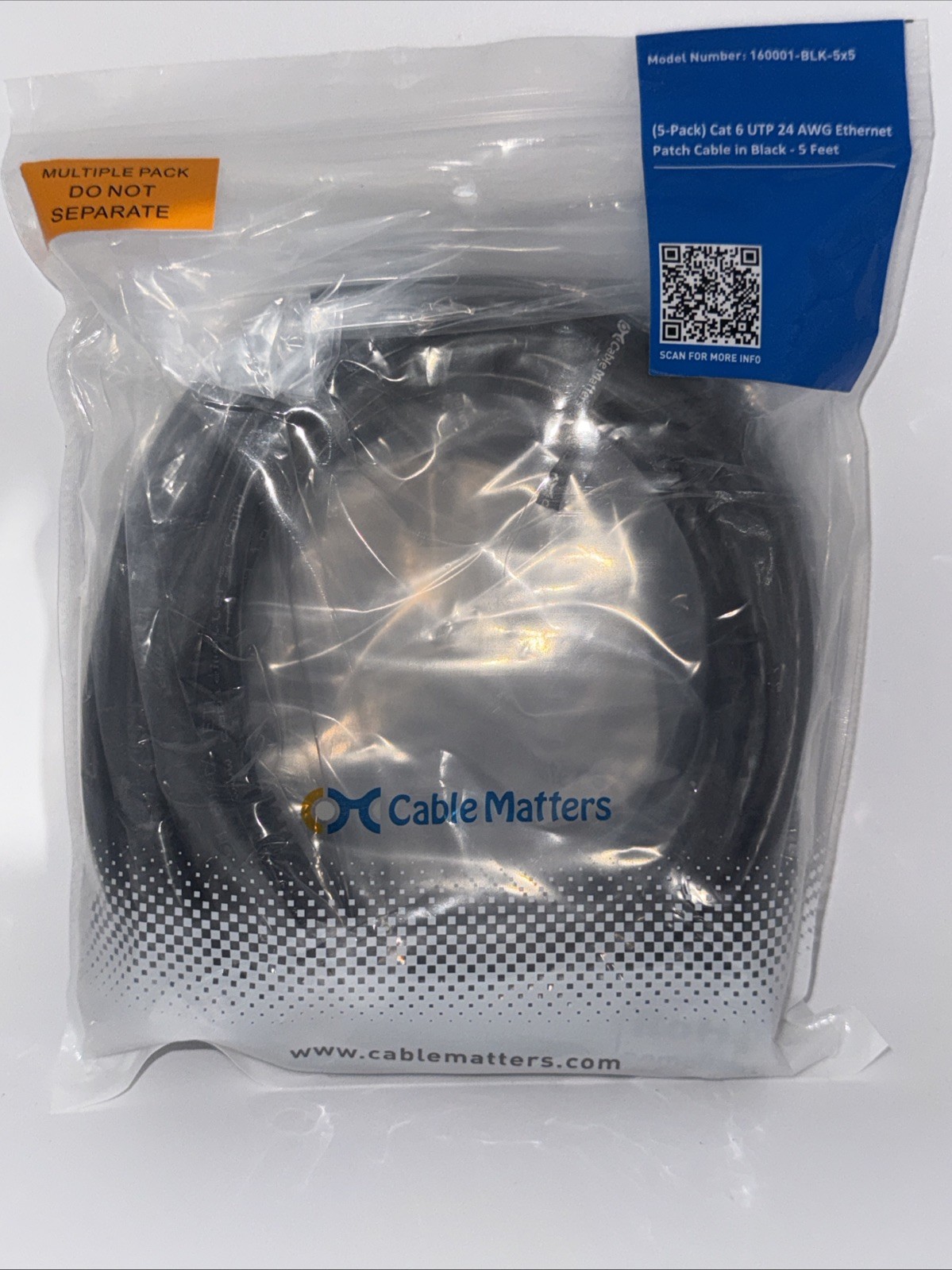 Cable Matters 10Gbps 5-Pack Snagless Cat 6 Ethernet Cable - 5ft, Cat 6 Cable, Ca