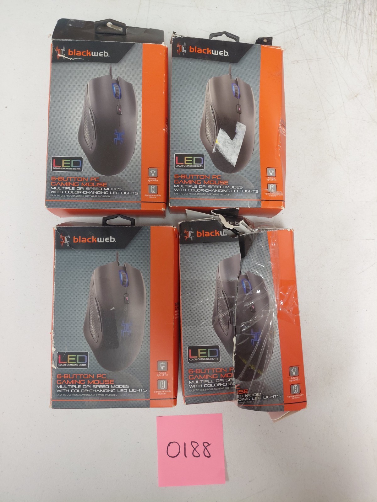 4 Black Web LED 6-Button PC Gaming Mouse with Color-Changing LED Lights-As Is