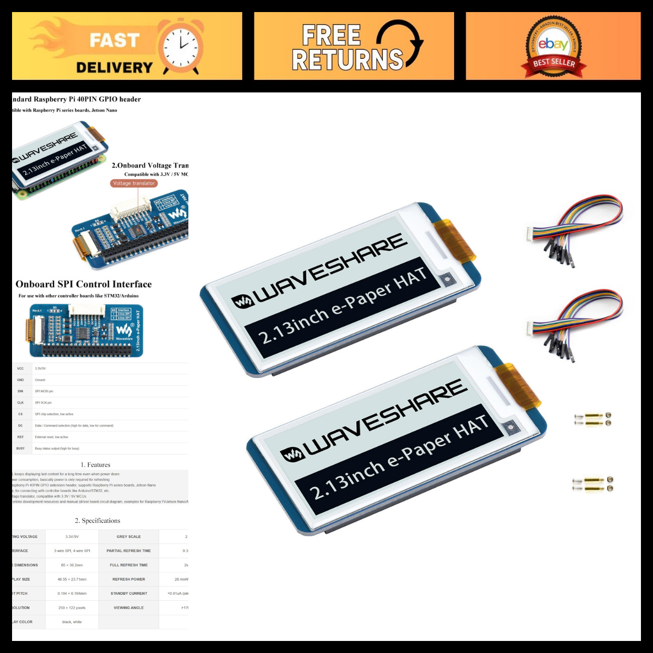 2PCS 2.13" E-Ink Display Module, 250x122 Pixel E-Paper Screen, SPI Interface