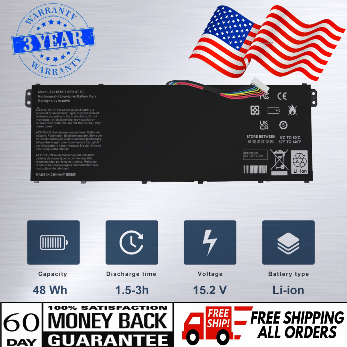 AC14B8K AC14B3K For Acer Nitro 5 AN515-51 AN515-52 AN515-53 Battery KT.0040G.006