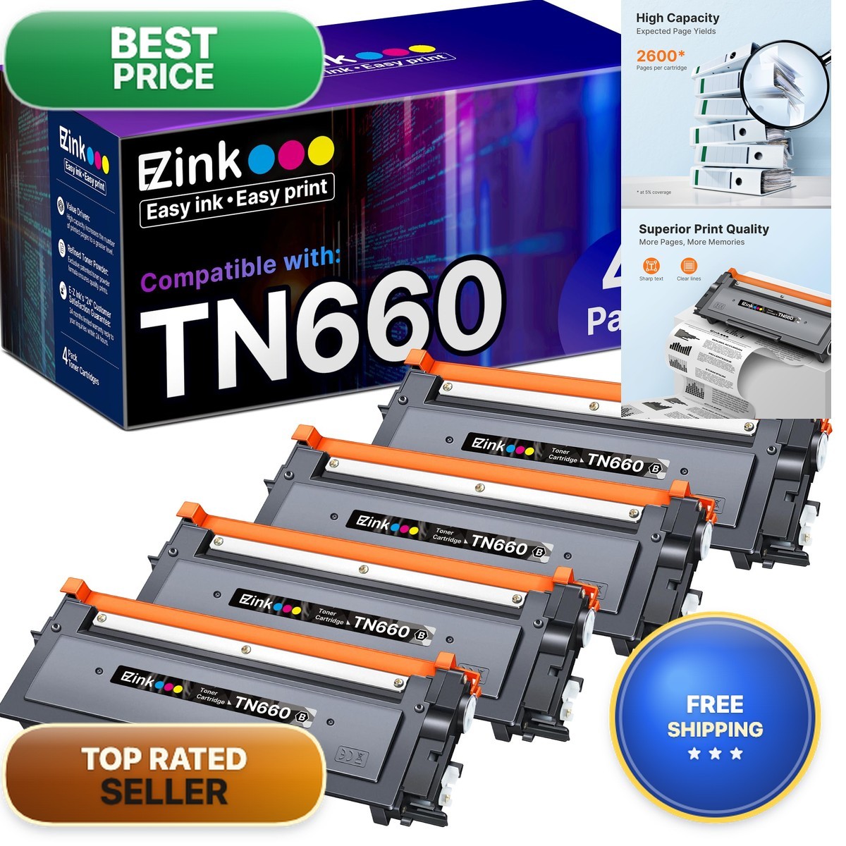 E-Z Ink TN660 TN630 Toner Cartridge 4 Black Compatible for Brother