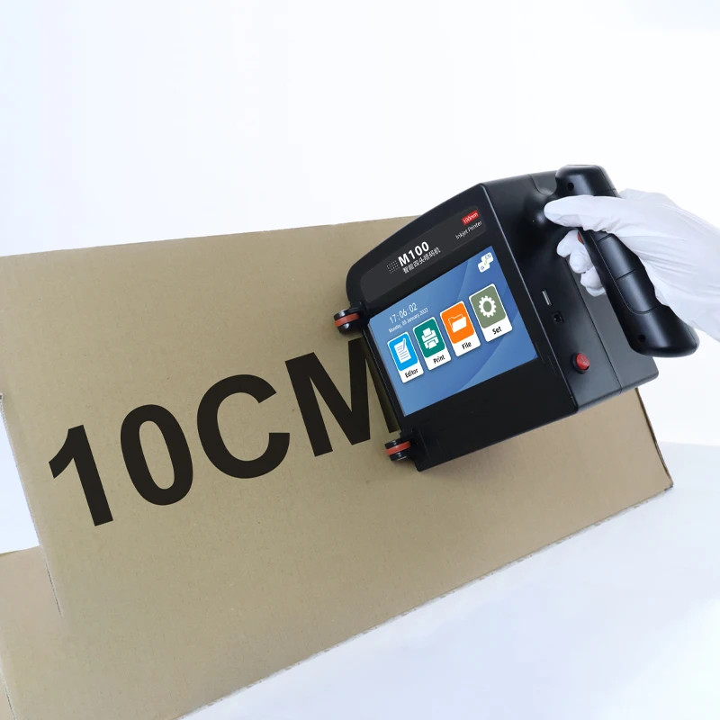 M100 handheld inkjet printer prints large format text, batch numbers, and patter