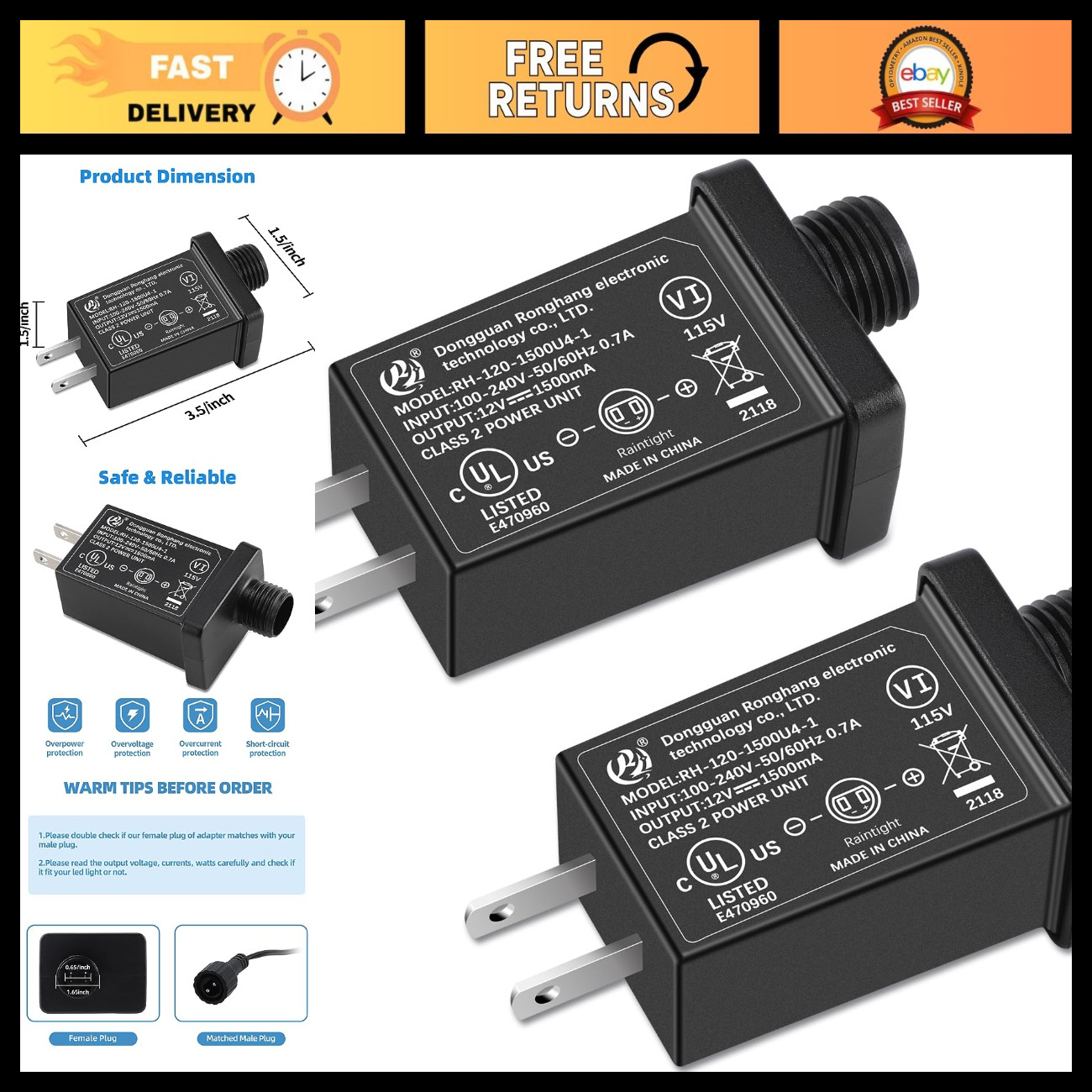 2Pack Inflatable Adapter 1.5A Transformer US Plug for Holiday Inflatables, Class
