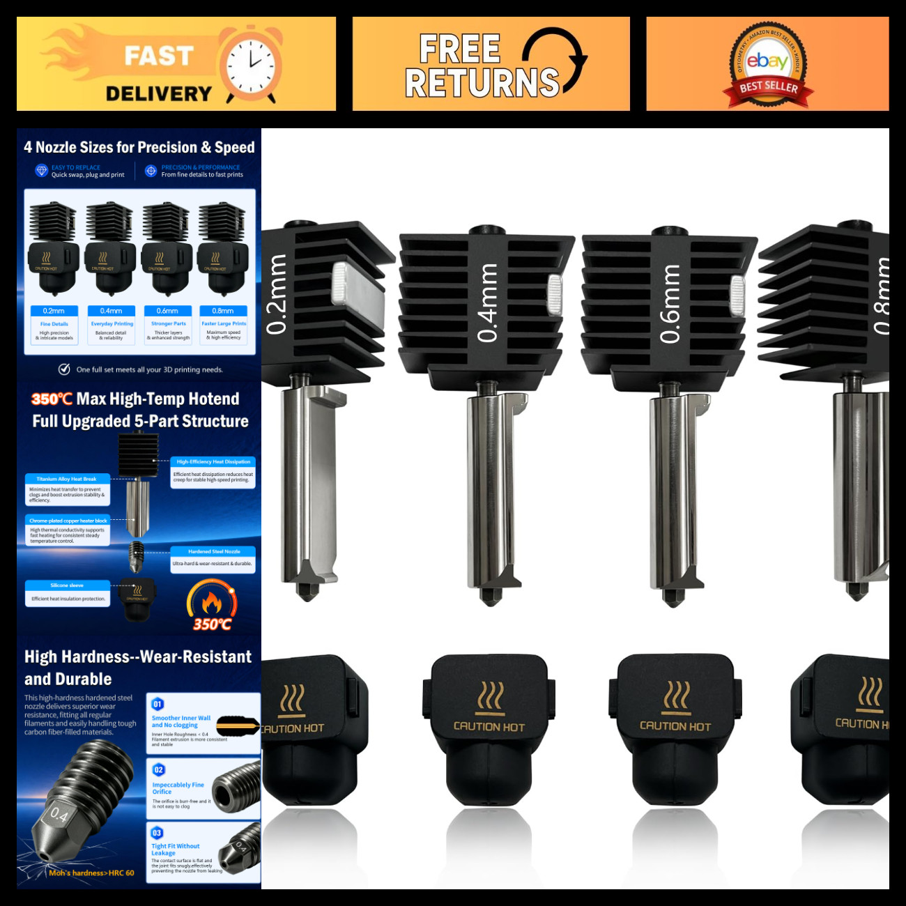 4PK 0.2/0.4/0.6/0.8mm Nozzle Set for Bambu A1 Mini/A2L 3D Printer Hotend
