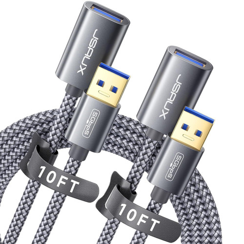 JSAUX 2Pack 10FT+10FT USB 3.0 Extension Cable, Type A Male to 10FT+10FT, Grey
