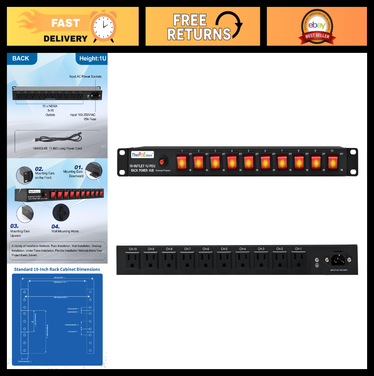 1U Horizontal Rack Mount Power Strip - 10 Outlet PDU, 120V 15A, 3600J Surge Prot