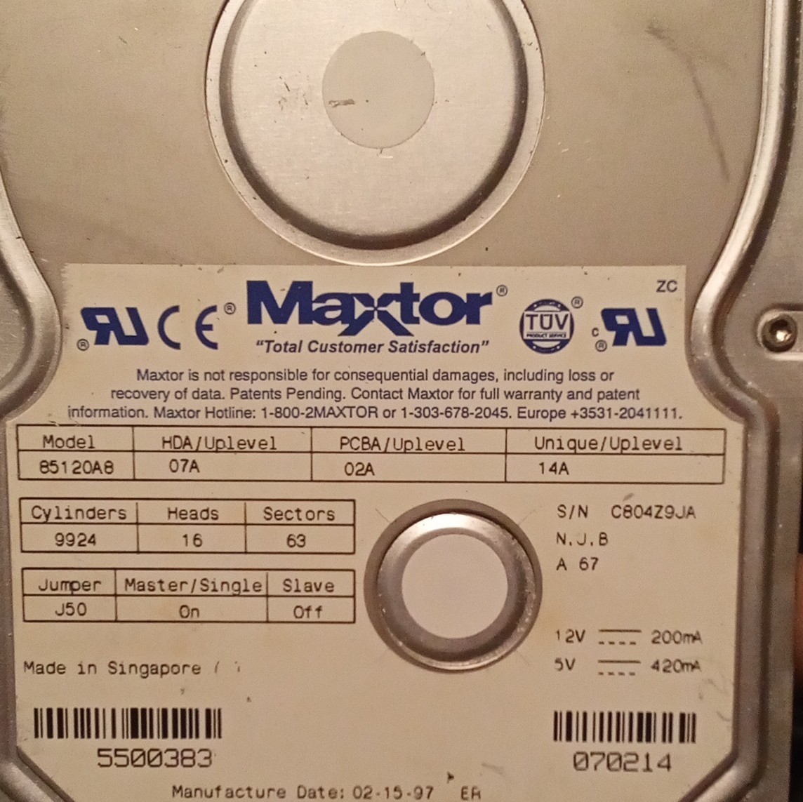 Maxtor 8000 1.2GB 5400RPM 3.5" IDE Removable Internal Desktop HDD 85120A8
