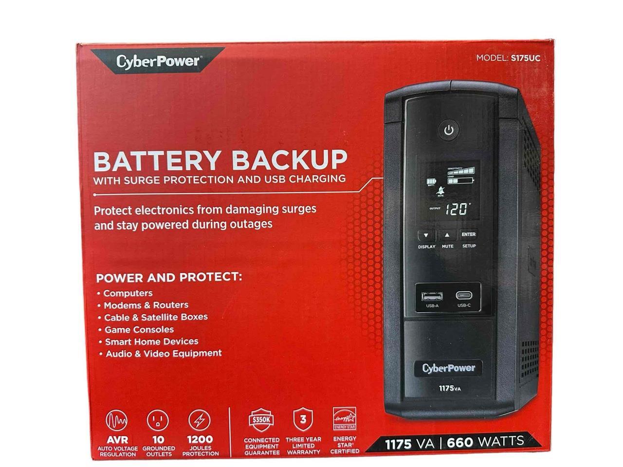CyberPower Battery Backup W/ Surge Protection & USB Charging S175UC 1175 VA 660W
