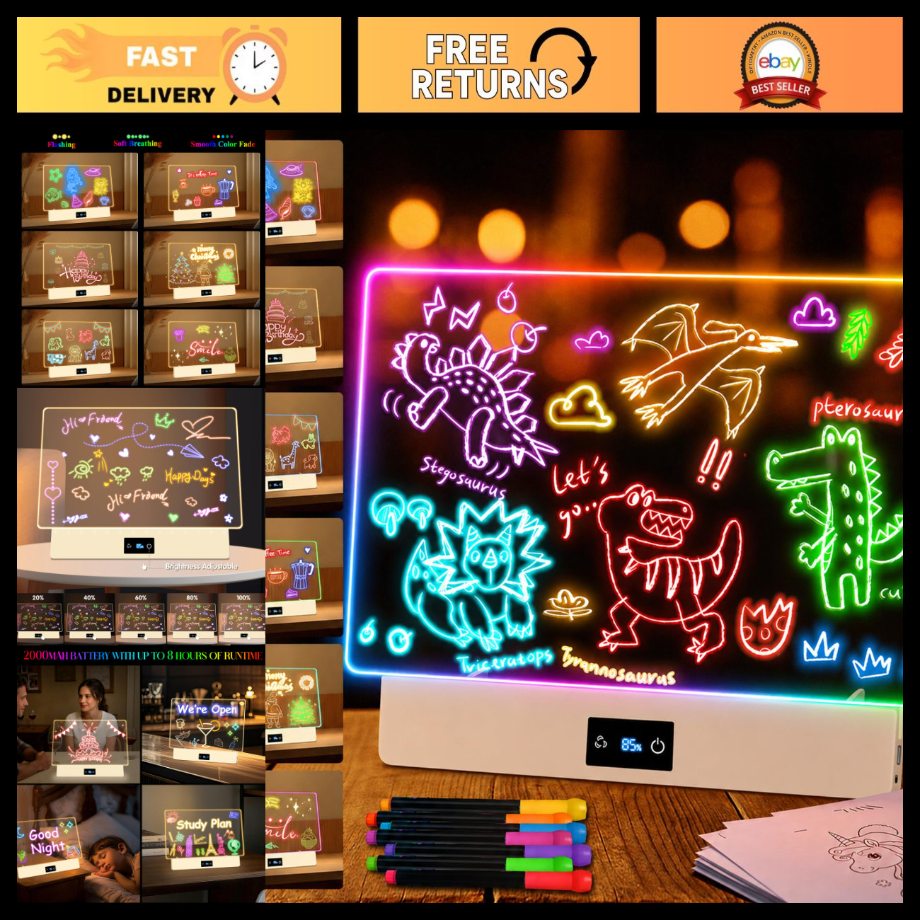16” Rechargeable LED Drawing Board - 7 Color Light Up Note Tablet for Kids & Art