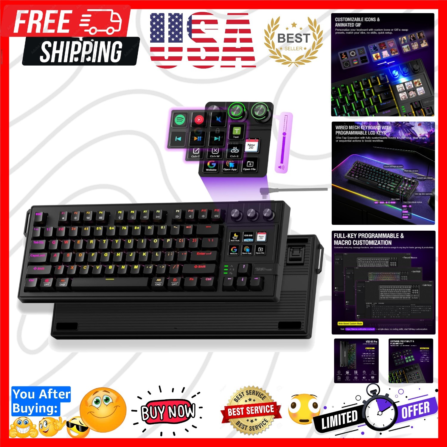 K1 Pro Macro Keyboard, Wired Only Full-Key Programmable On-Board Keypad, Cust...