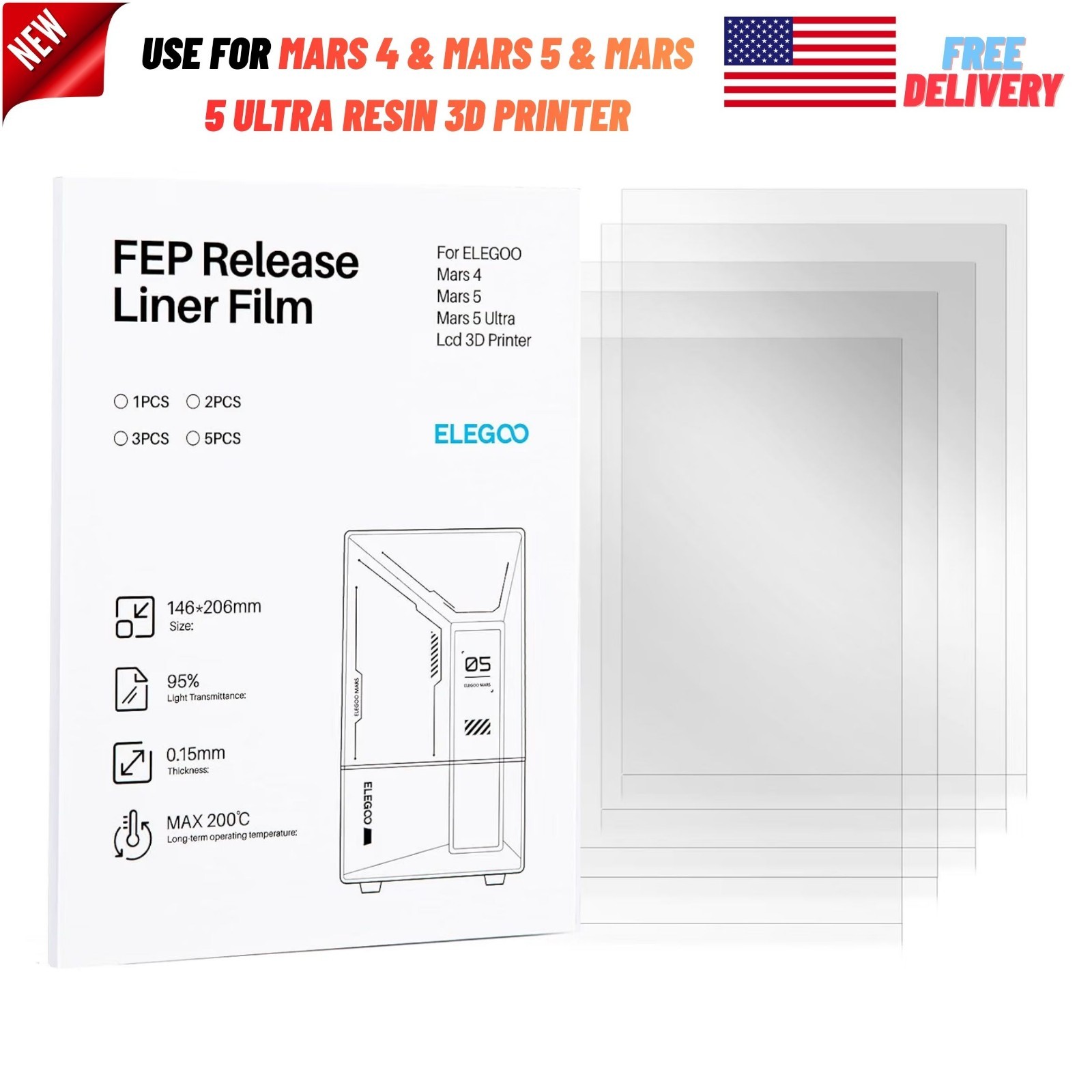 5PCS FEP Release Film for ELEGOO Mars 4 & Mars 5 & Mars 5 Ultra Resin 3D Printer