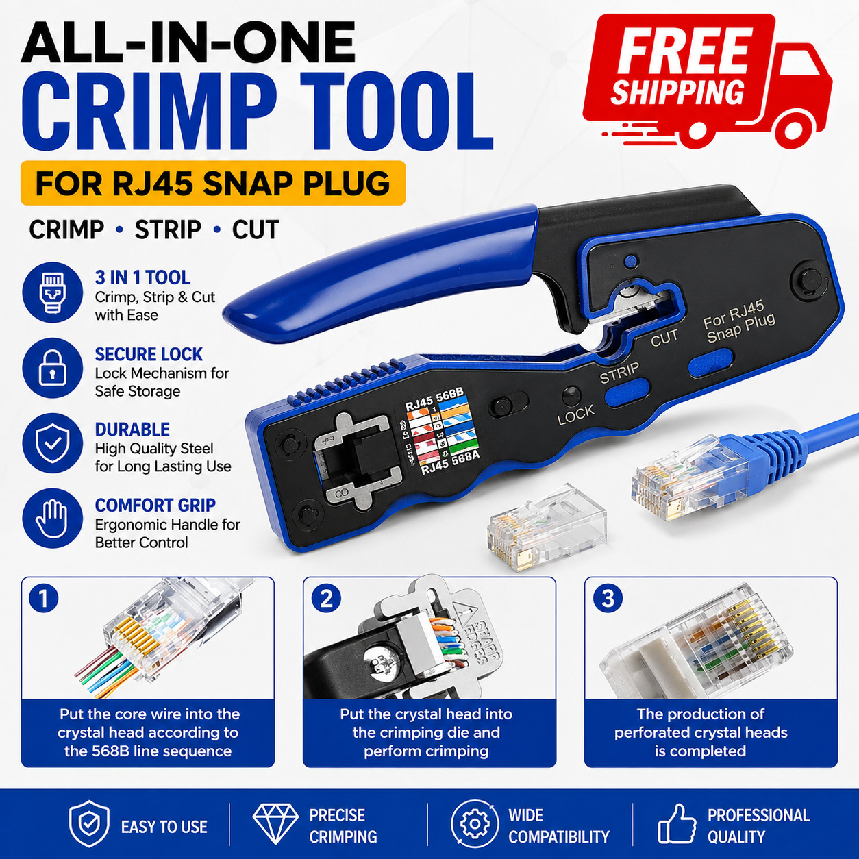 RJ45 Pass Through Crimping Tool for Network Cat6 Cat5-All in One RJ45 Crimper