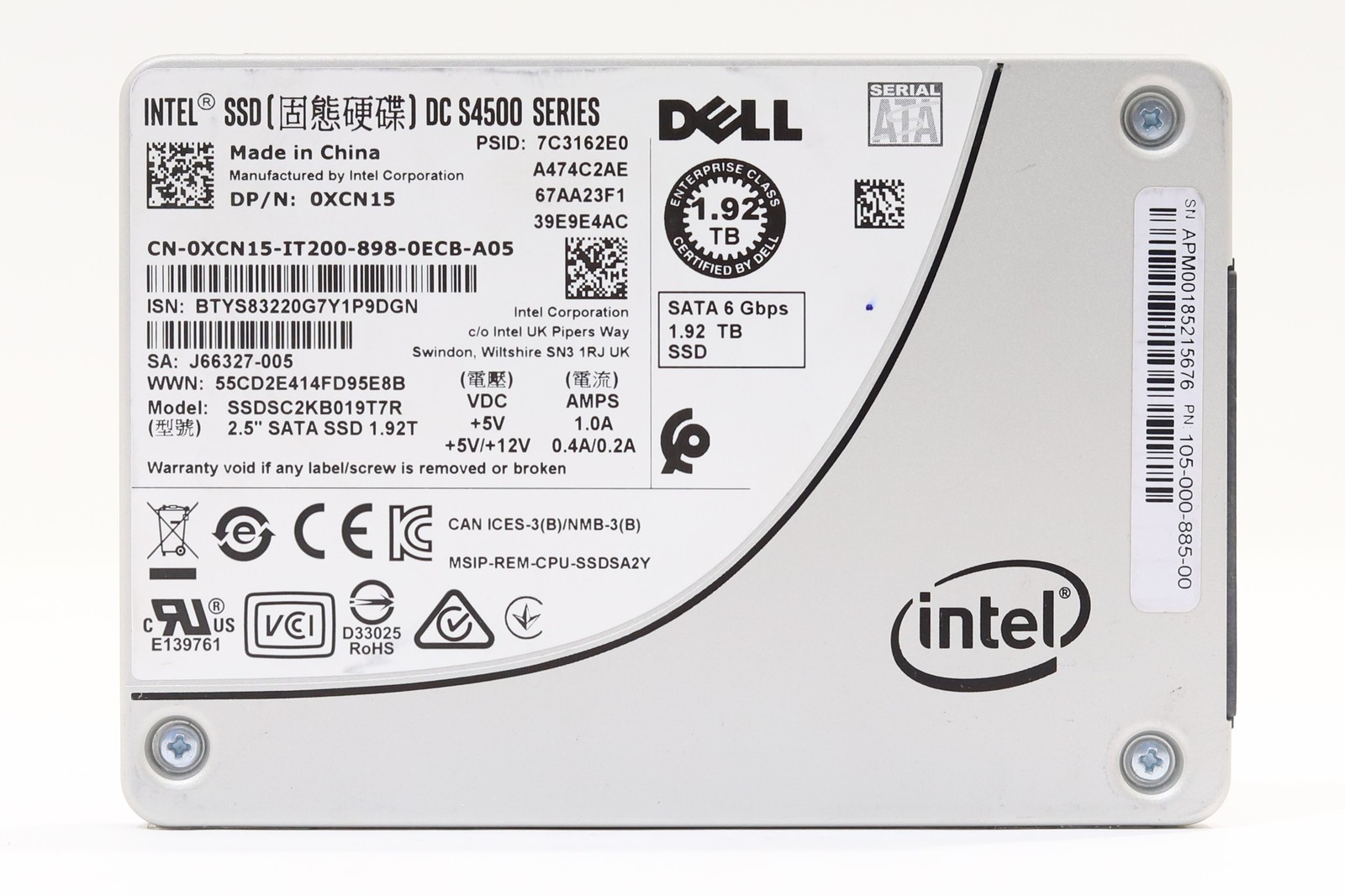 Dell SSDSC2KB019T7R 1.92TB 2.5" 6Gb/s Read Intensive SATA SSD Dell P/N: 0XCN15