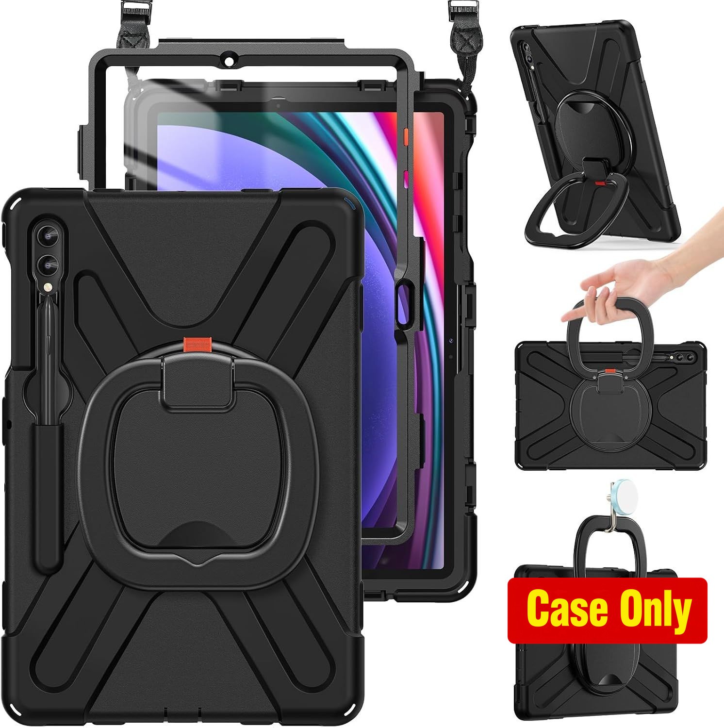 Case for Tab S10+ 12.4", Black, Rugged Silicone, Kickstand, S Pen Holder