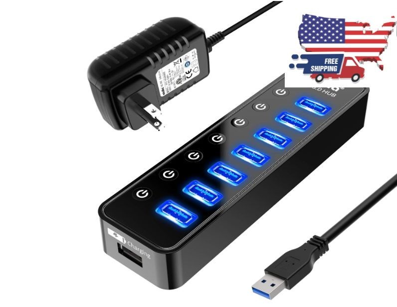 Concentrador USB 3.0 con alimentación, 7 puertos para transferencia de datos. Cu