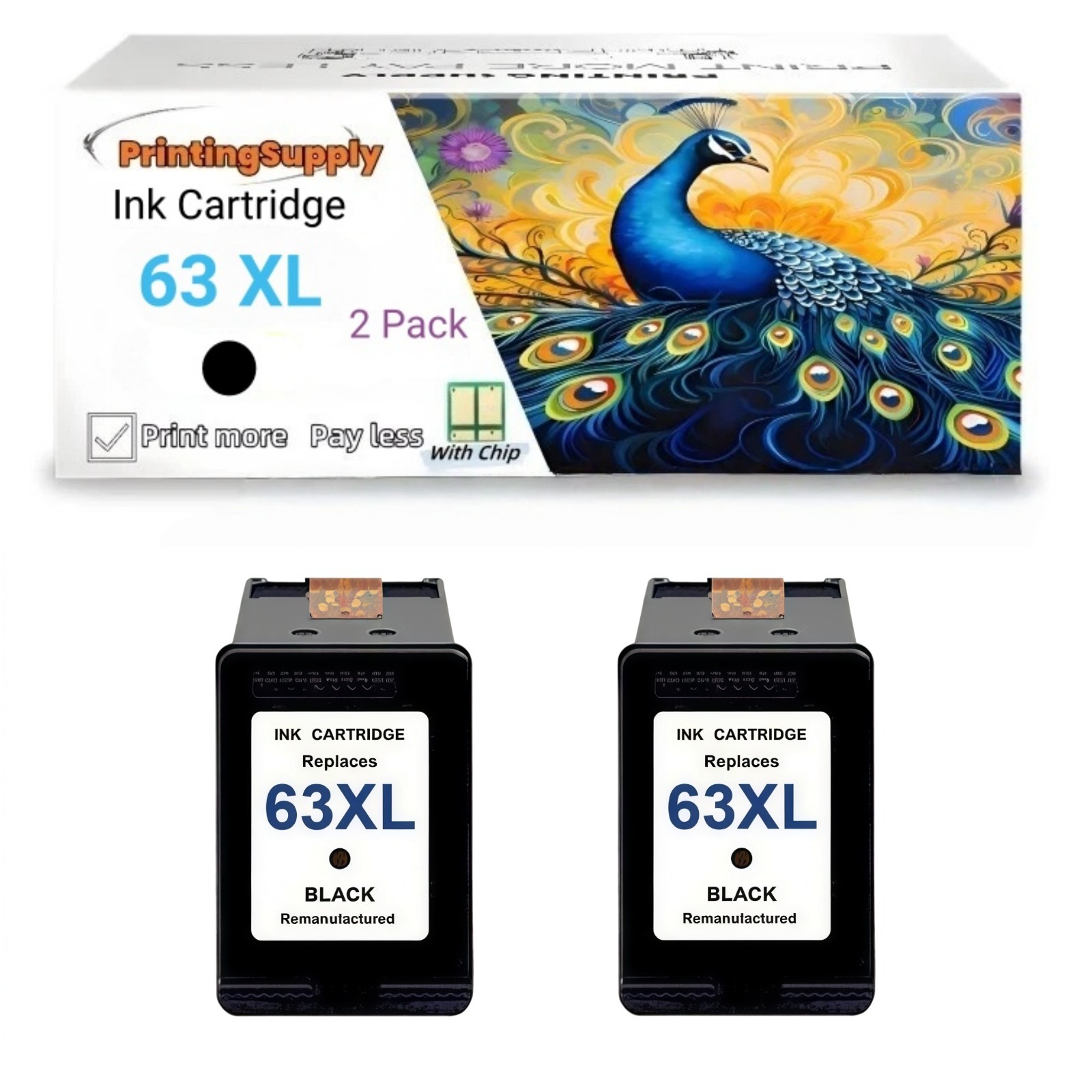 2x63 XL Hi-Yield BK Ink For HP 63XL Envy 4510 4511 4512 4513 4516 4520 4522 452
