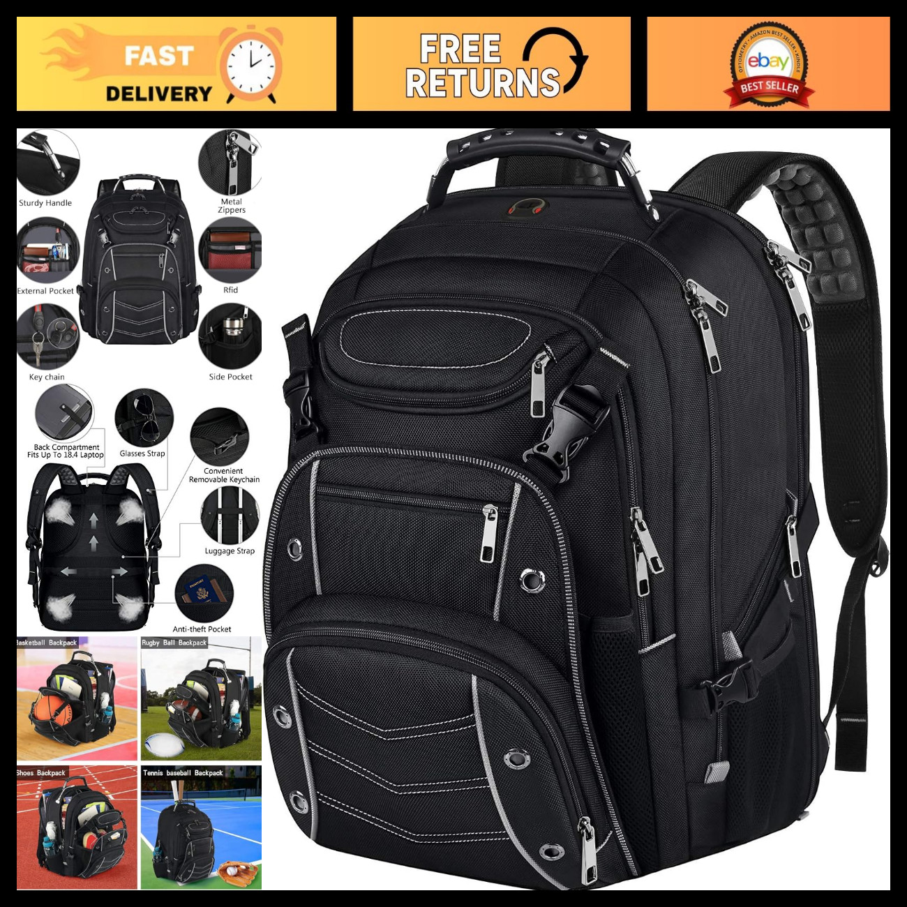 Extra Large Multi-Compartment Laptop Backpack, 60L Capacity, TSA Approved, RFID