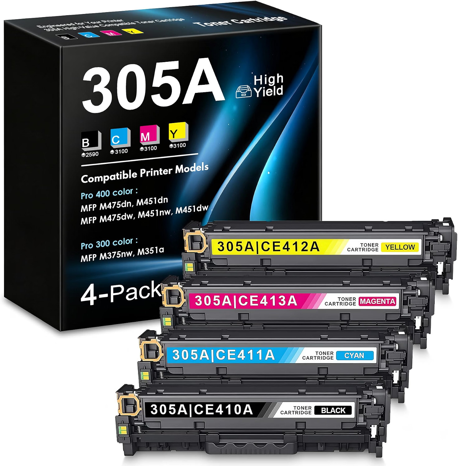 With Chip 4-Pack Toner Cartridge Black Cyan Magenta Yellow 305A HP BN Compatible
