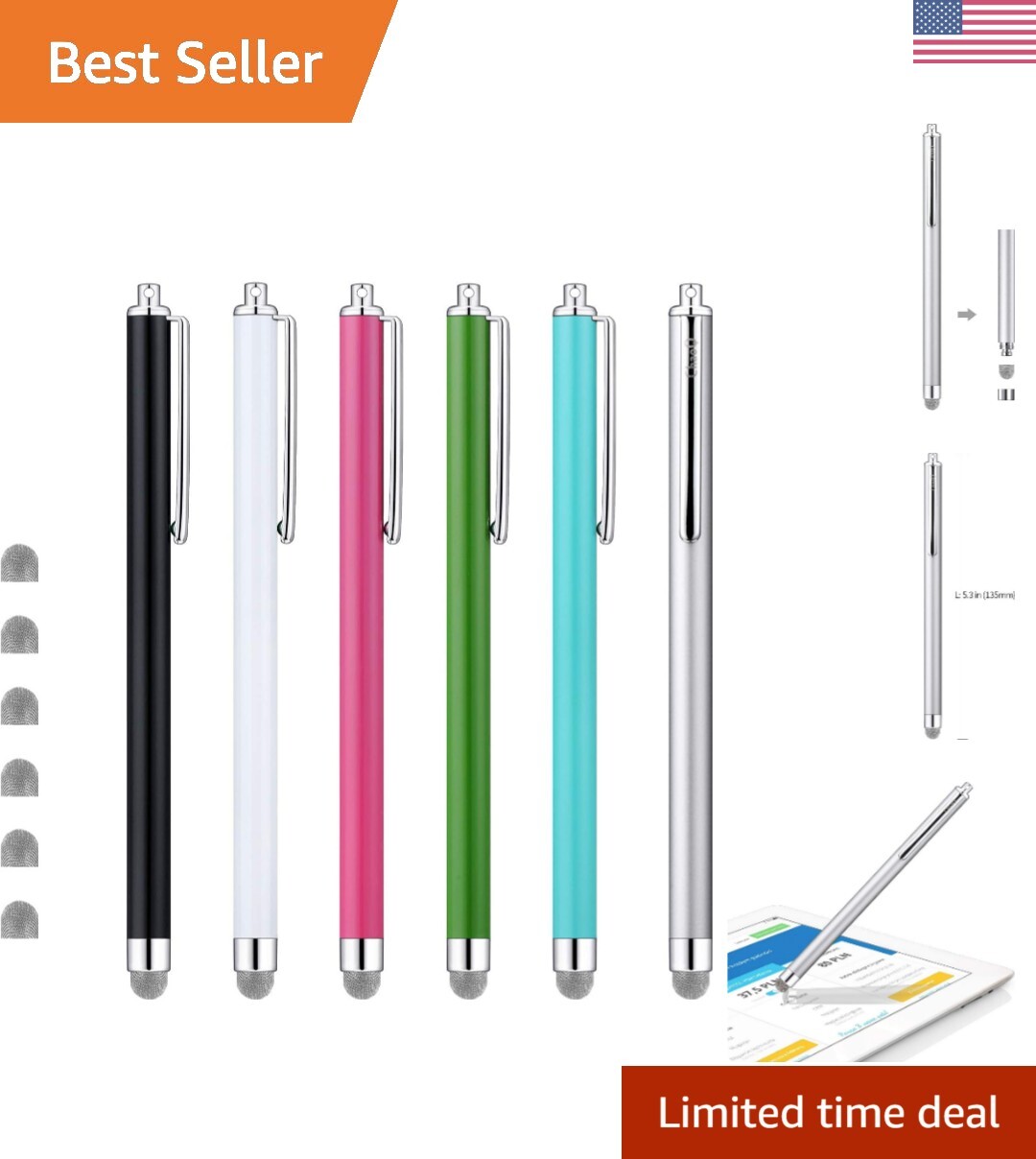 Ultra-Sensitive Stylus for Smartphones - 6-Pack with Colorful Replaceable Tips