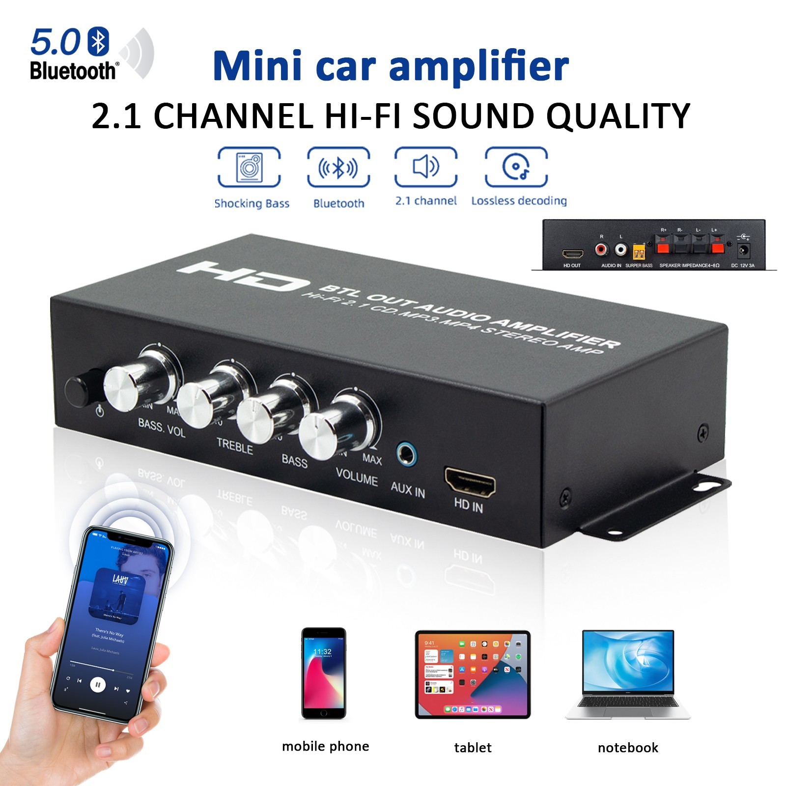 HiFi Sound Amplifier Bluetooth 5.0 Digital Bass Amplifier with HDMI Mini AMP