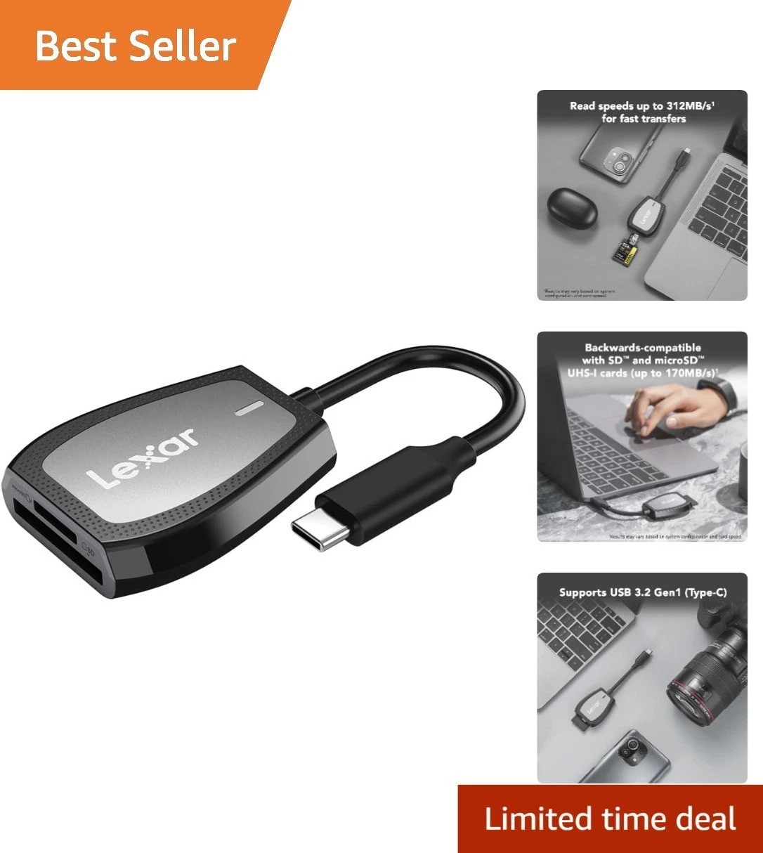 Professional USB 3.2 Type-C Dual-Slot Reader for SD & microSD Cards - 312MB/s