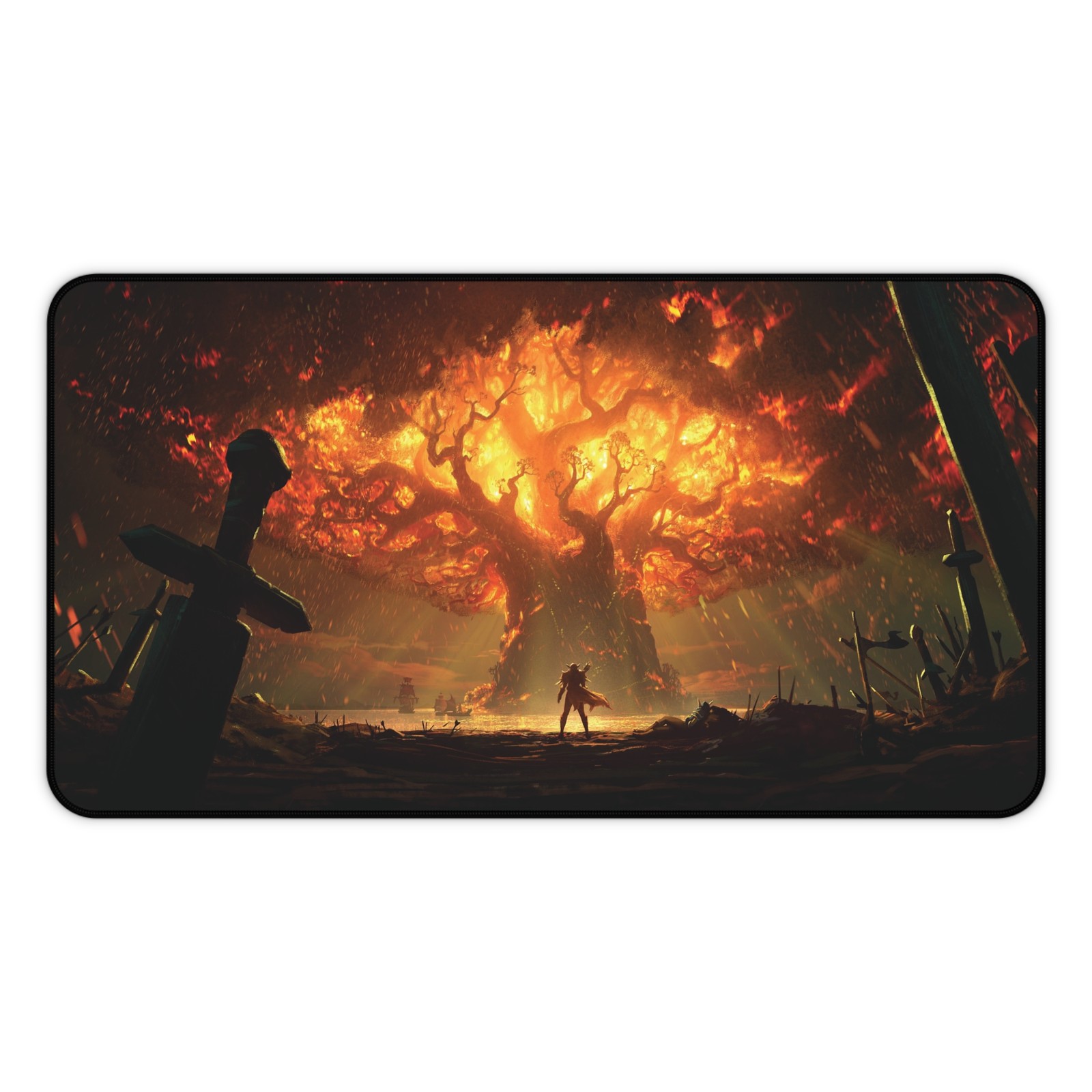 Fiery World Tree Desk Mat | Fantasy Battle Landscape Gaming Mouse Pad