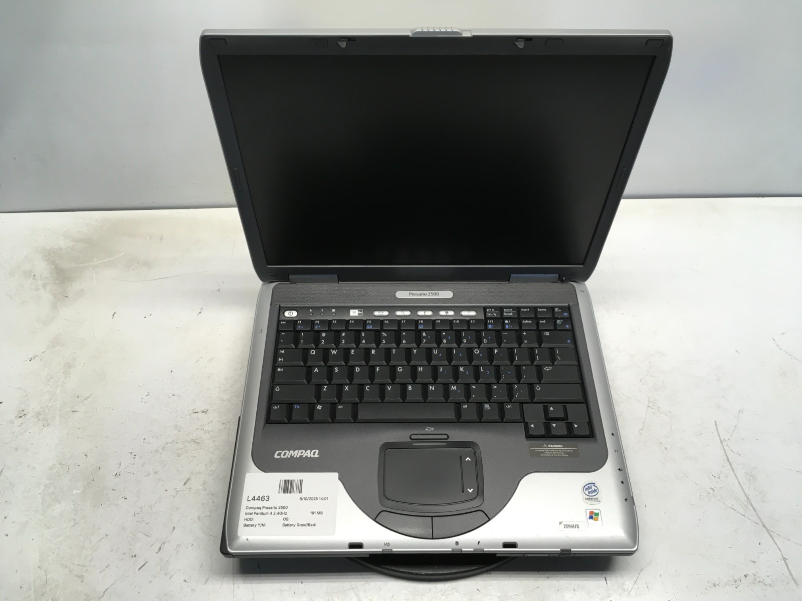 Compaq Presario 2500 Intel Pentium 4 2.4GHz 191 MB NO HDD/Batt Dim Screen