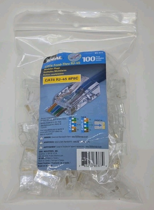 IDEAL Cat6 Feed-Thru RJ-45 Modular Plug, 100 Pack, Clear (85-377)