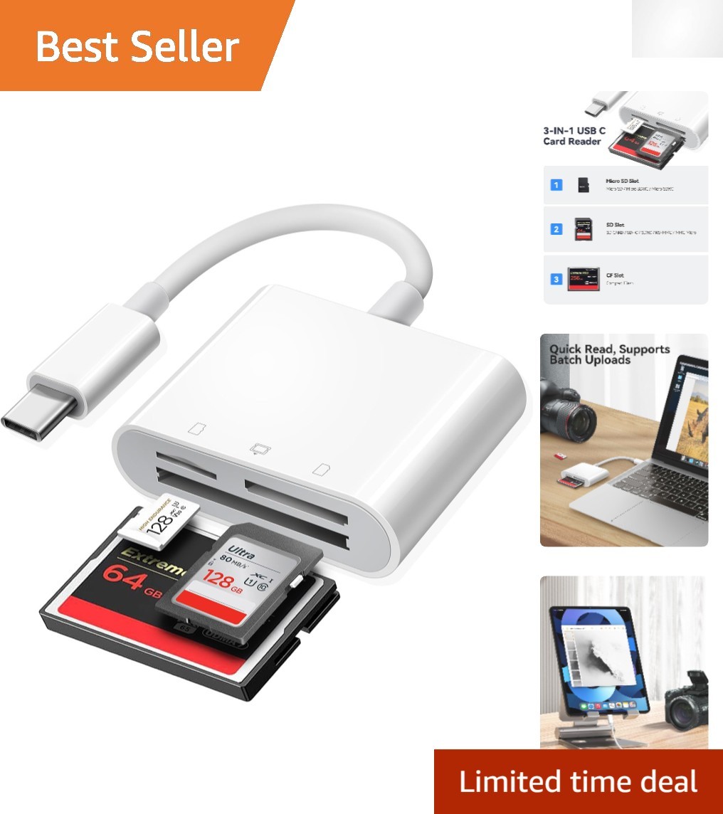 Versatile USB C 3-Slot Memory Card Reader for Rapid Data Transfer – Plug & Play