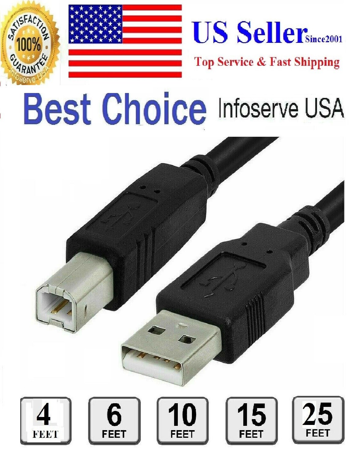 USB2.0 Printer Cable1Ft,4,10,15,25,30ft USB 2.0 Printer A Male - B Male HP/Epson