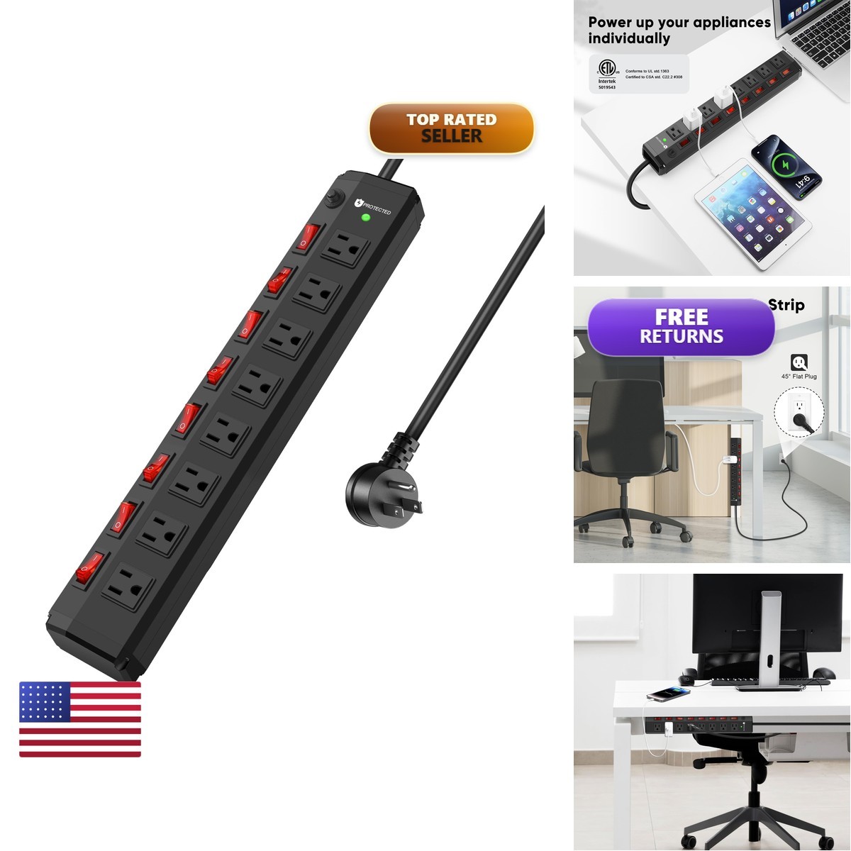 Annquan 8 Outlet Metal Power Strip Individual Switchesheavy Duty Appliance