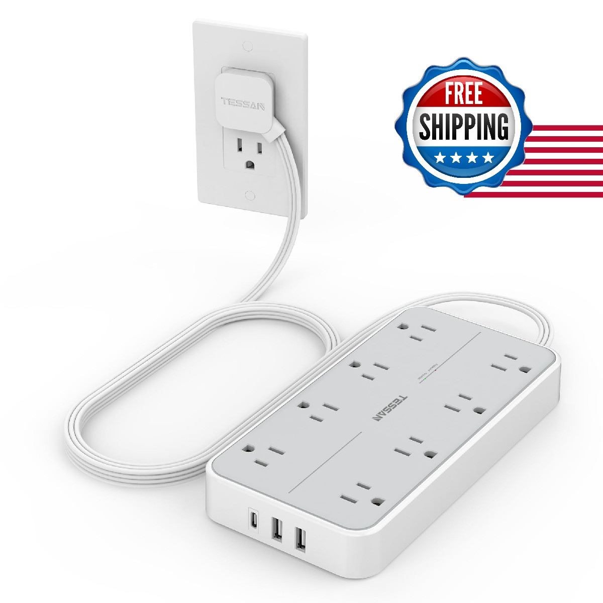 Tessan Power Strip Surge Protector Flat Plug Extension Cord 8 Outlets 3 Usb
