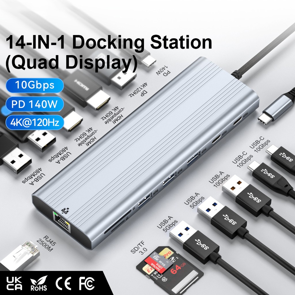14-in-1 USB C Docking Station USB 3.0 Hub, Multiport Adapter External Monitor
