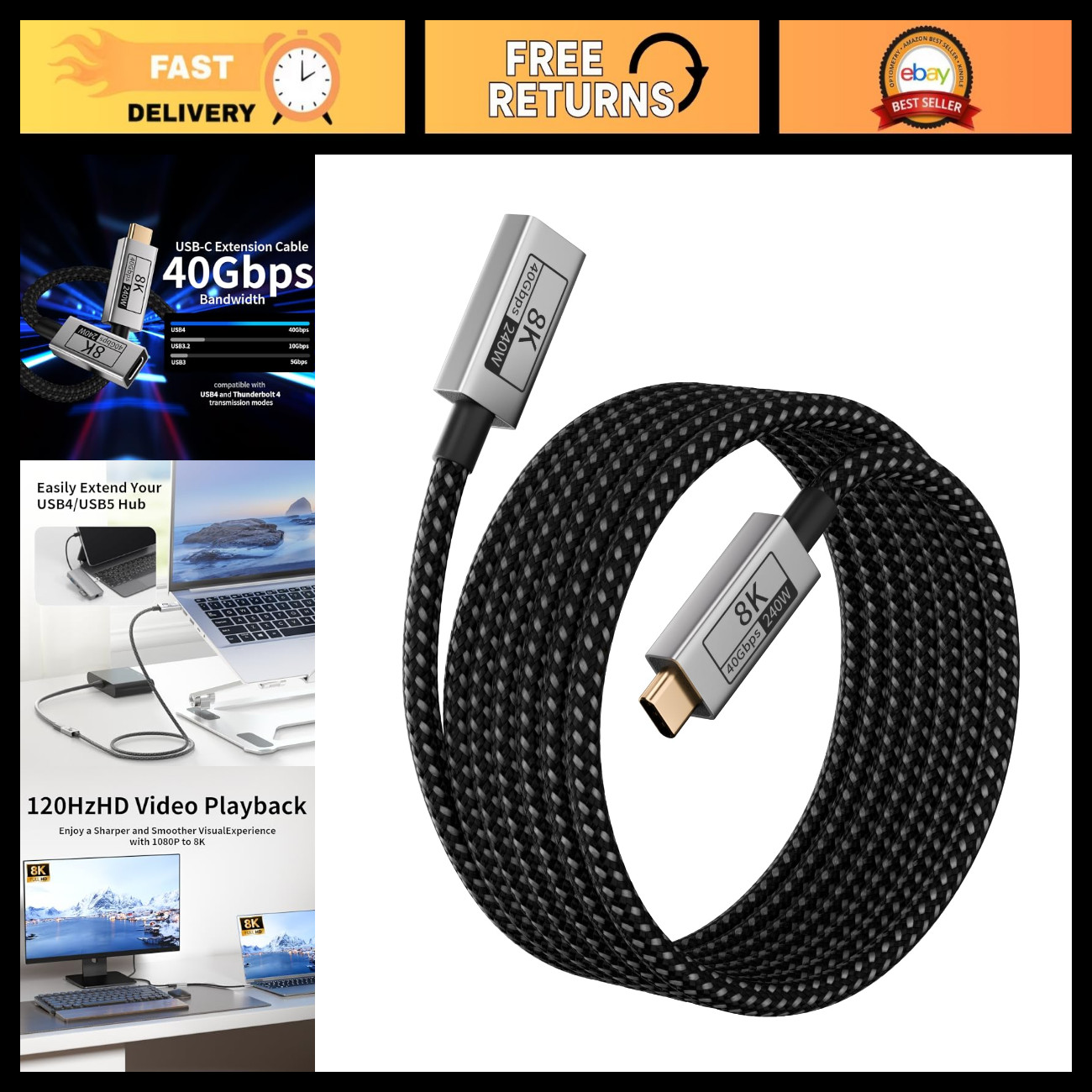 10FT USB C Extension Cable - 40Gbps Data, 240W Charging, 8K@120Hz Video, Type C