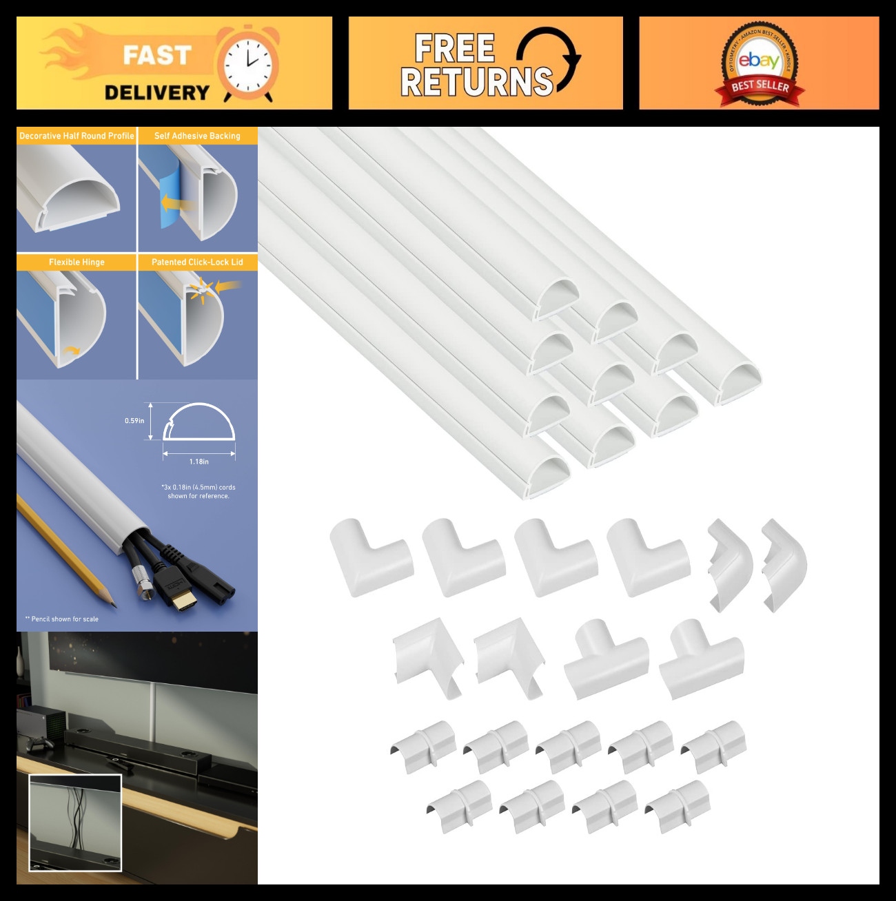Self-Adhesive Cord Cover Kit - 157in Paintable Cable Raceway for Wall Wire Manag