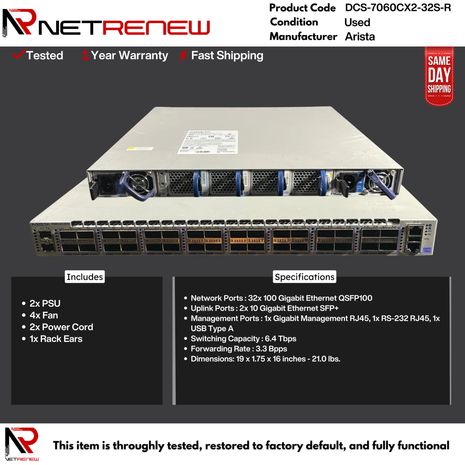 Arista DCS-7060CX2-32S-R 32x100GbE QSFP100 2x10GbE SFP+ Network Switch