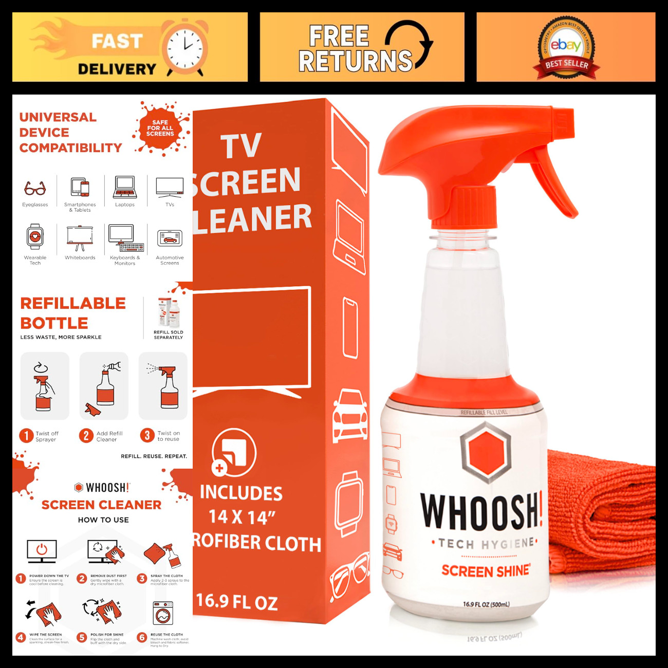 Refillable Screen Cleaner & Microfiber Cloth for TVs, Monitors, Laptops - 16.9 f