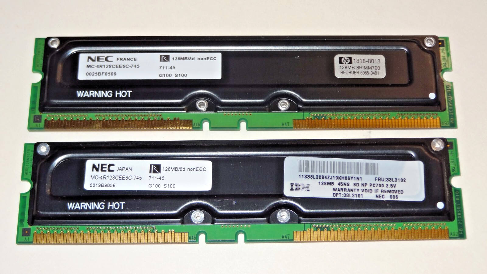 256MB (Kit of 2x125MB) RDRAM PC700 Non-ECC RIMM Memory NEC MC-4R128CEE6C-745