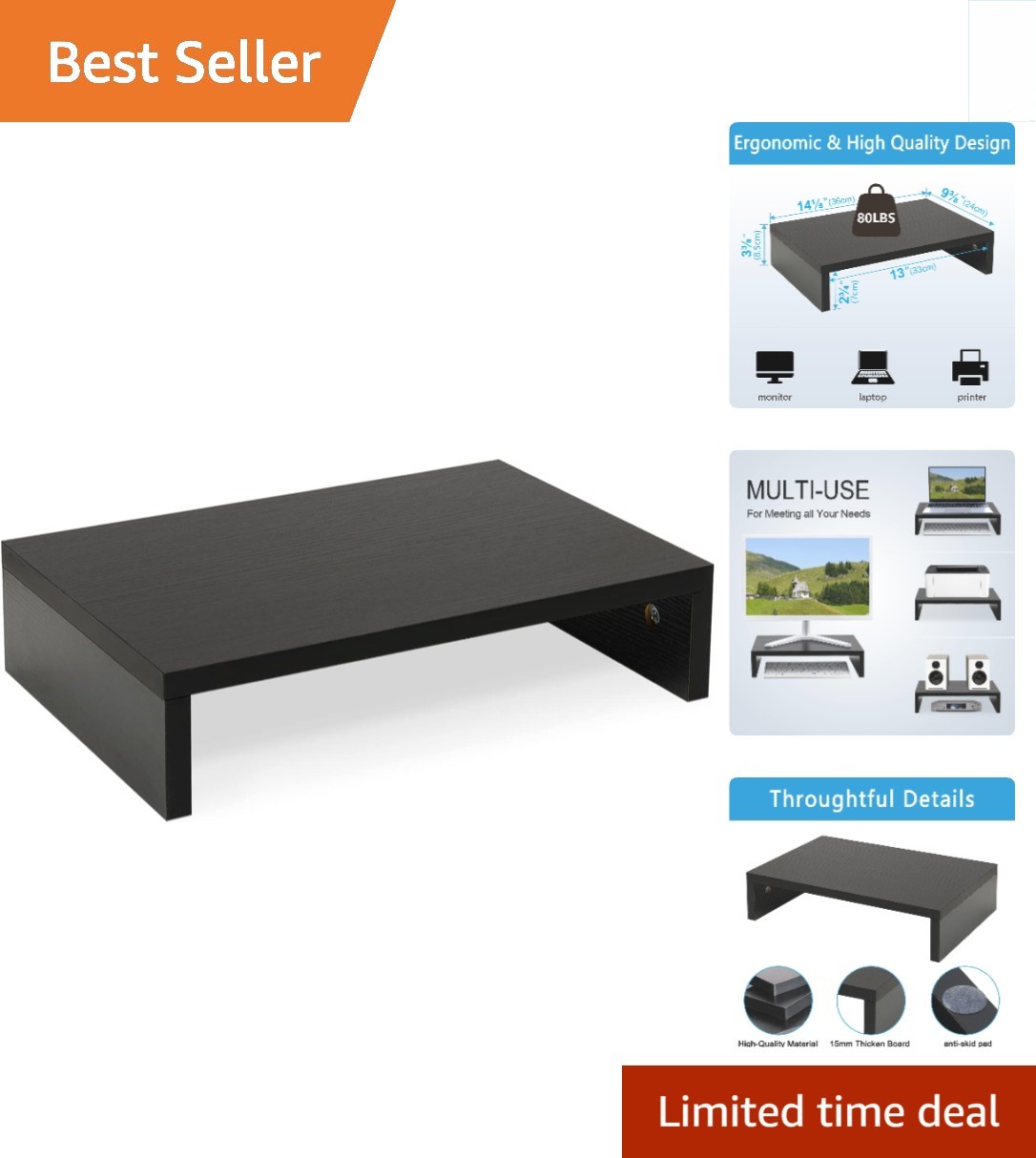 Elegant Black Monitor Stand Riser - Ergonomic Desk Organizer for Home Office