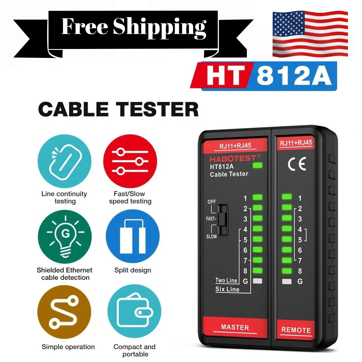 HT812A Network Cable Tester RJ11 RJ45 Dual-Use LED Display  USA